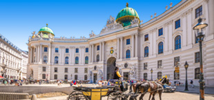 Paard en wagen aan het rijden voor een prachtig gebouw in Wenen