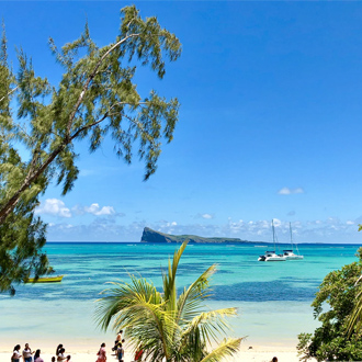 Uitzicht vanuit het strand over de blauwe zee met palmbomen 