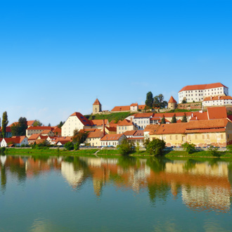 Uitzicht op een rivier en huizen in de stad Ptuj