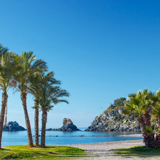 Uitzicht op palmbomen en helderblauw water in Almunecar in Andalusië