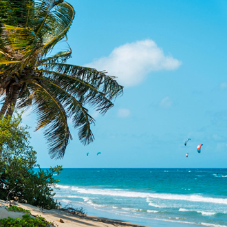Cabarete strand met uitzicht op de azuur blauwe zee en wuivende palmbomen. 