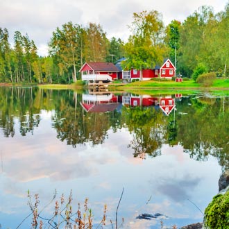 Het Zweedse groene landschap met rode huisjes
