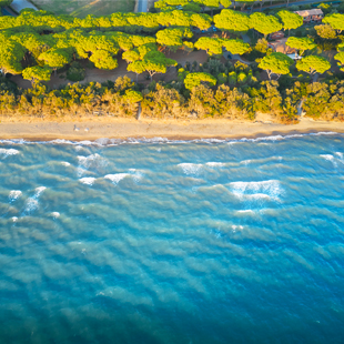 Strand en turquoise zee bij Marina di Grosseto, Italië, met groene pijnbomen langs de kustlijn.