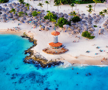 <p>Witte stranden met palmbomen en de blauwe zee van Bayahibe in de Dominicaanse Republiek</p>