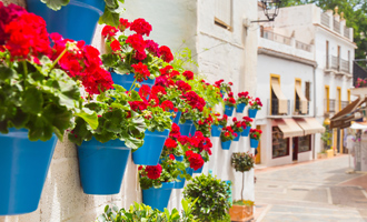 <p>Schattig straatje met bloempotten aan de muur in Marbella</p>