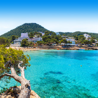 <p>Cala Portinatx baai met hotels in Ibiza</p>