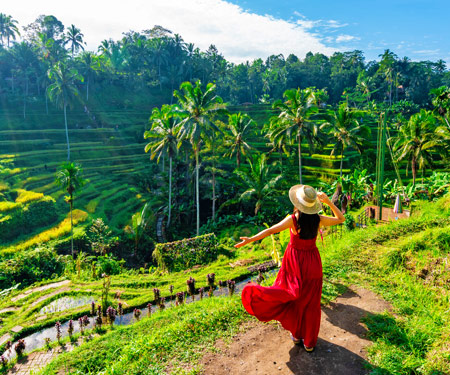 <p>Tourist in rode jurk bij de rijstvelden op Bali</p>
