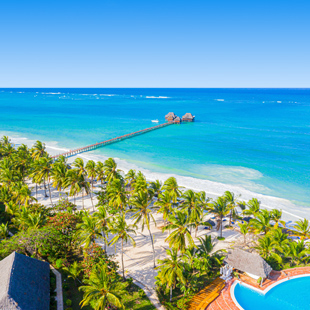 Tropisch strand op Zanzibar met palmbomen, wit zand en fel turquoise zee, gezien vanuit de lucht met een lange pier in zee.