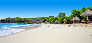 Wit zandstrand, blauwe zee en huisjes in de bossen op Curacao