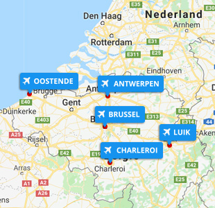Kaartje van België met alle luchthavens