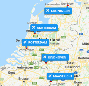 Kaartje van Nederland met alle luchthavens