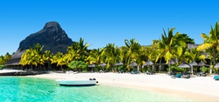 Stukje helderblauw water met wit zandstrand en palmbomen op Mauritius